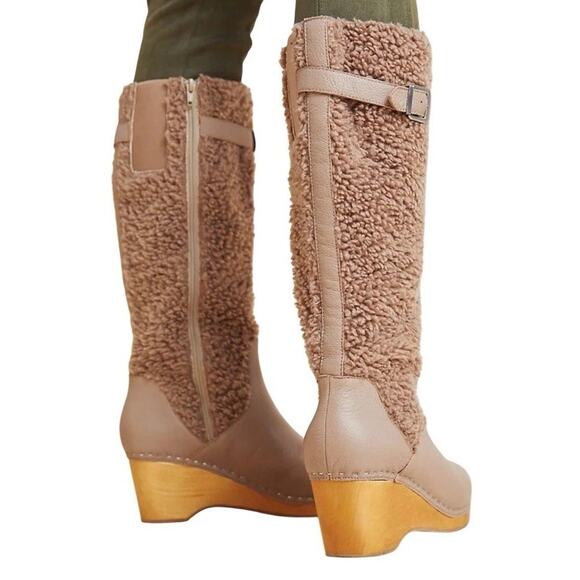 Kelsi Dagger Jagger Taupe Knee High Clog Wood Heel Wedge Round Toe Leather Boot - Picture 15 of 16